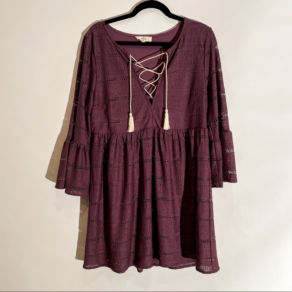 Entro Crocheted Bell Sleeve Mini Dress